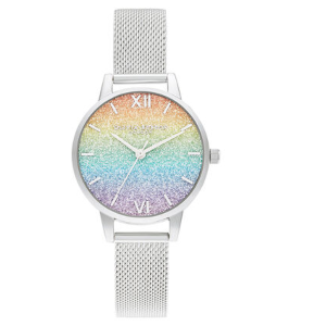 Rainbow Glitter Midi Dial Silver Mesh Watch - Olivia Burton