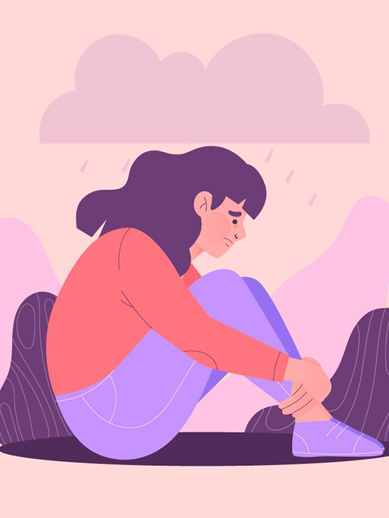 Illustration einer Frau, die auf dem Boden sitzt, über ihr ist eine Gewitterwolke