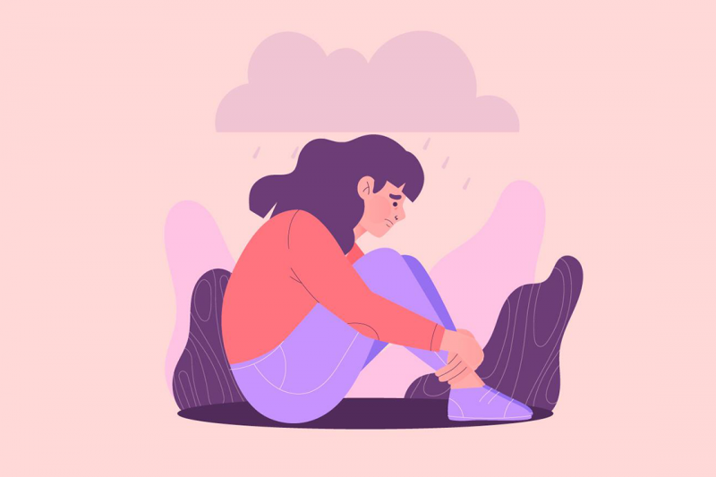 Illustration einer Frau, die auf dem Boden sitzt, über ihr ist eine Gewitterwolke