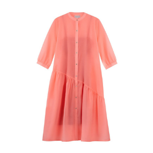 Gathered Stand Collar Shirt Dress - Electric Coral