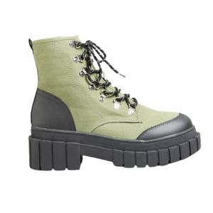 Yoursclothing Khaki Green Canvas Chunky Combat Boots In Wide E Fit