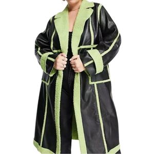 Extro & Vert Plus – Mantel aus PU im getäfelten Design mit limettengrünem Teddyfell-Besatz